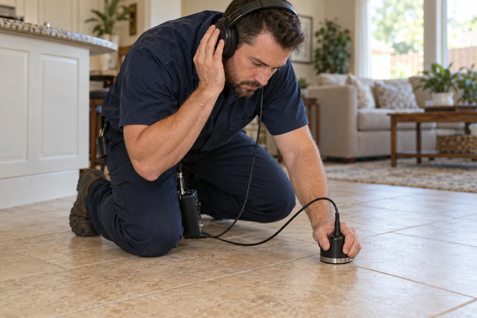 Slab leak detection — illustrative plumbing scene