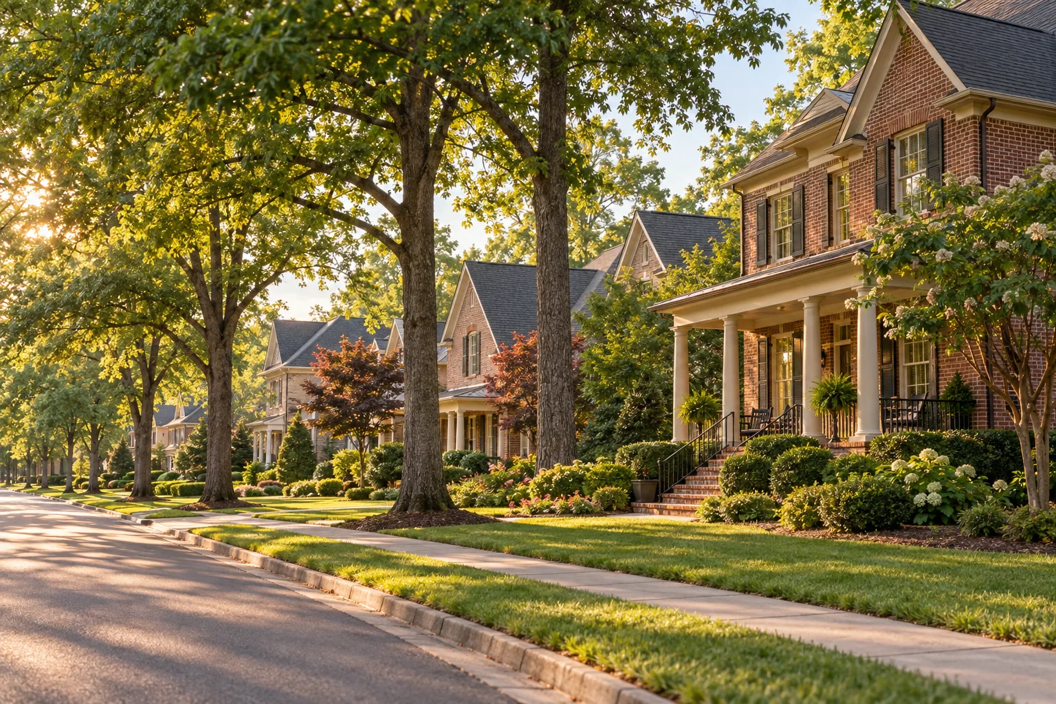 Illustrative Tennessee brick-home neighborhood inspired by Collierville