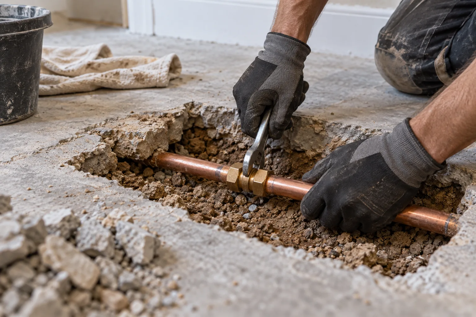 Under-slab pipe repair — illustrative plumbing scene
