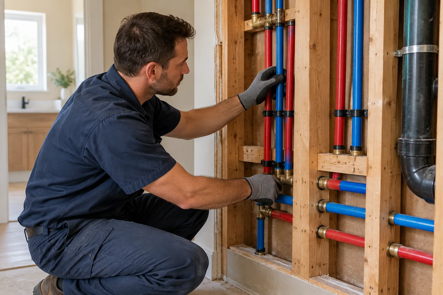 Pipe rerouting & replacement — illustrative plumbing scene