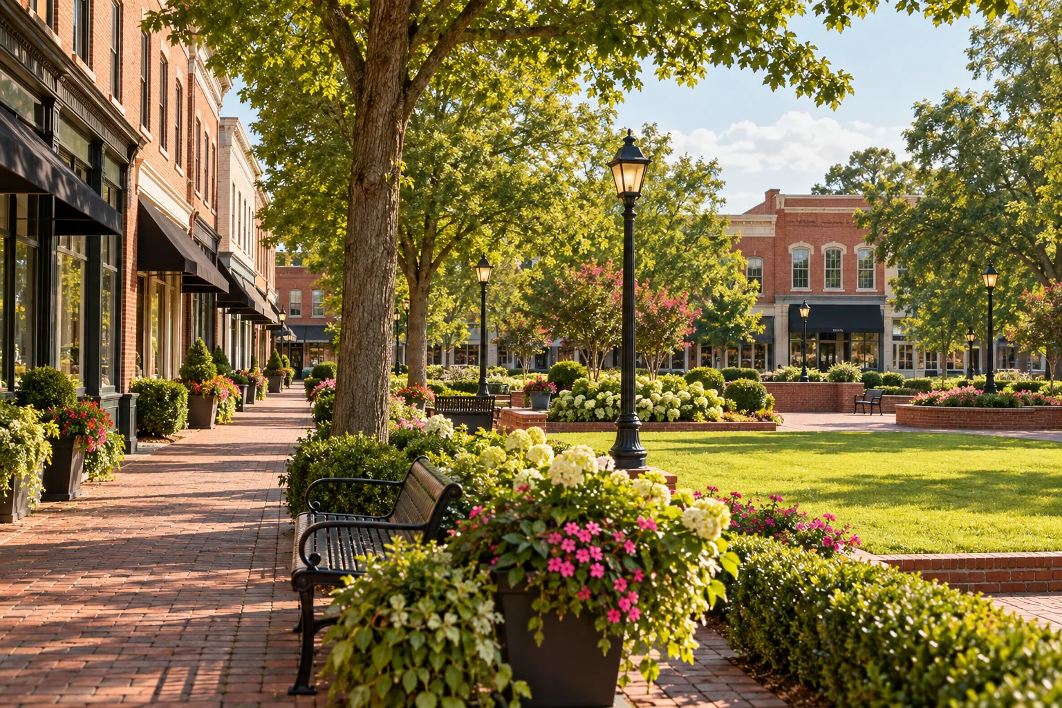 Illustrative setting for Town Square & Historic District; not an actual neighborhood photograph